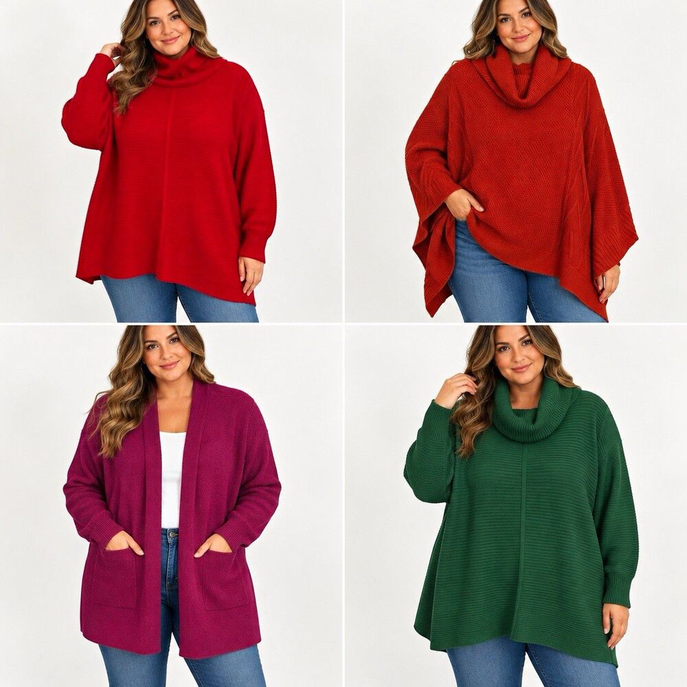 Women’s Holiday Sweater Lot of 4 1X Green Red Ribbed Knit Cowl Neck Pullover